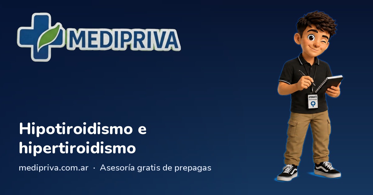 Ilustración de MediPriva sobre fondo azul oscuro con el personaje oficial, anunciando la nota de hipotiroidismo e hipertiroidismo